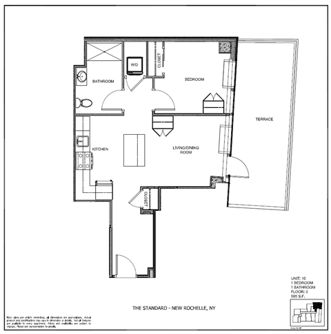Floor plan for 1 bed, 1 bath, 585 sqft